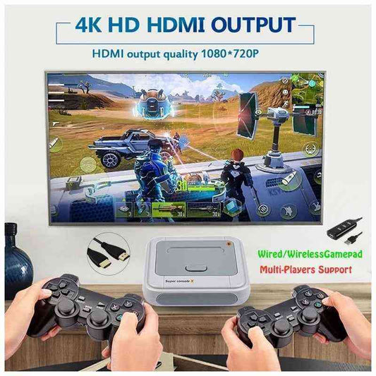 Gaming console with 4K HD HDMI output, gaming controllers, and game on screen.