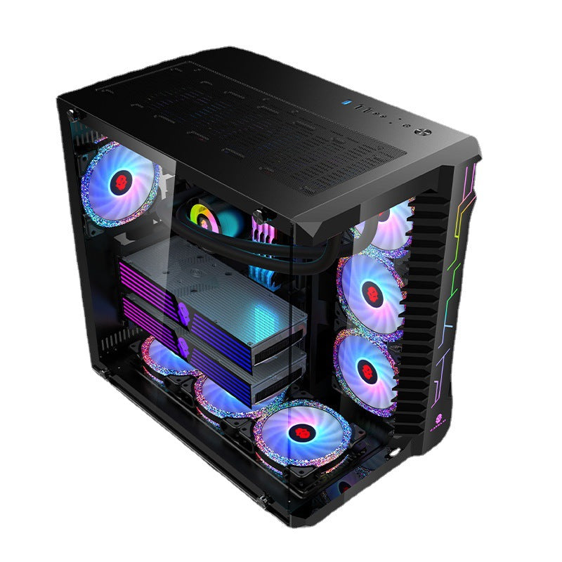 Computer gaming PC case with RGB lighting on a white background