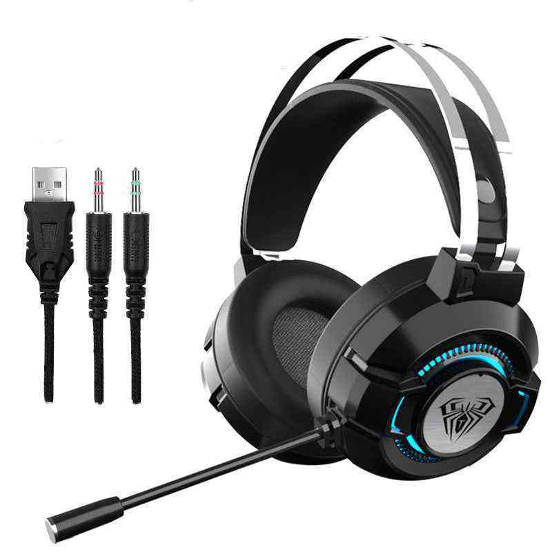Noise-Canceling Gaming Headset with microphone, USB and 3.5mm audio cables on a white background