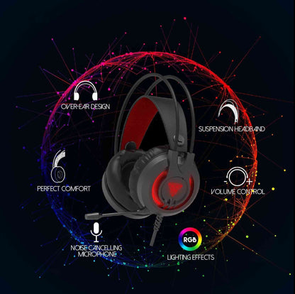 RGB Breathing Light Gaming Headset with features highlighted on a dark background