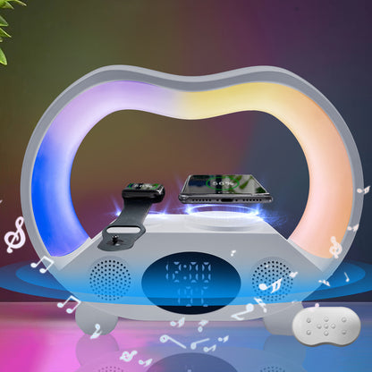 Multifunctional device with charging stations and display on a colorful background