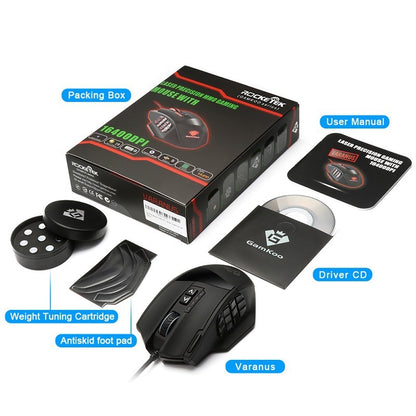 Gaming mouse with accessories including a box, user manual, weight tuning cartridge, antiskid foot pad, and driver CD on a white background.