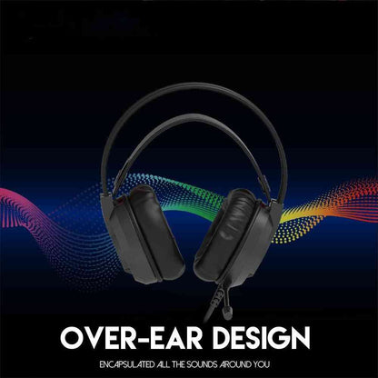Black over-ear headphones with colorful sound wave design on a dark background