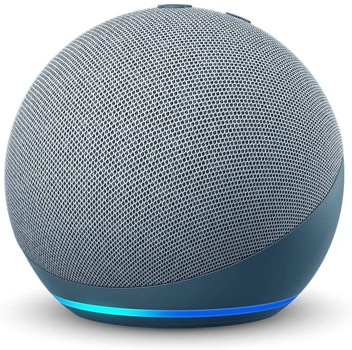 Spherical smart speaker with textured surface and blue accent on a white background