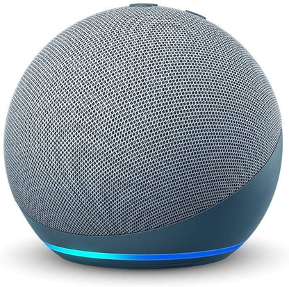 Spherical smart speaker with textured surface and blue accent on a white background