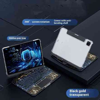 Transparent laptop case with black gold finish on a dark surface