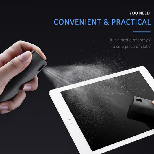 Hand using a spray bottle to clean a tablet screen with text highlighting convenience and practicality.
