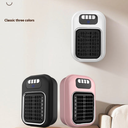 Three small wall-mounted heaters in black, white, and pink on a light background.