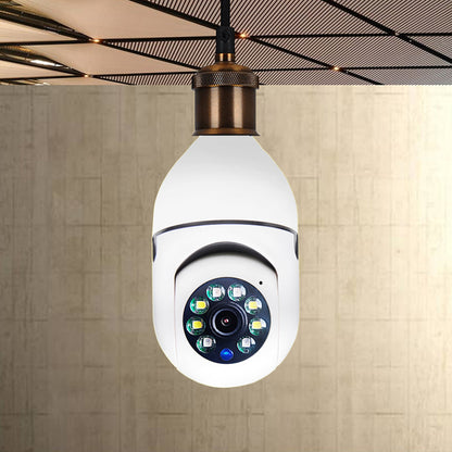 Smart camera light bulb hanging from a ceiling