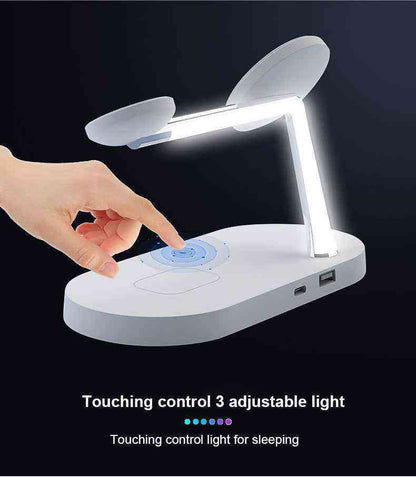 White LED desk lamp with adjustable arm and touch control on a black background