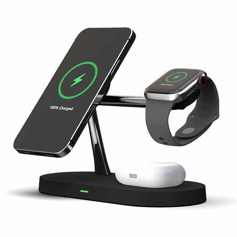 Wireless charging stand with smartphone, smartwatch, and earbuds on a white background