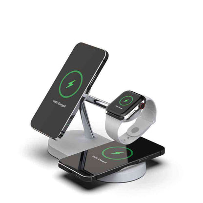 Multi-device wireless charging stand with smartphone, smartwatch, and tablet on a white background