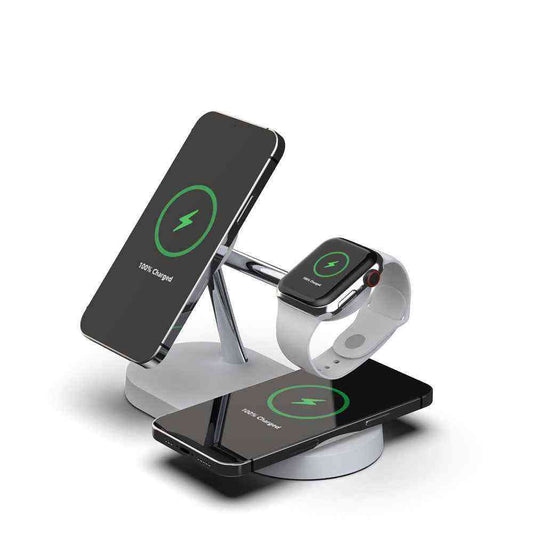 Multi-device wireless charging stand with smartphone, smartwatch, and tablet on a white background
