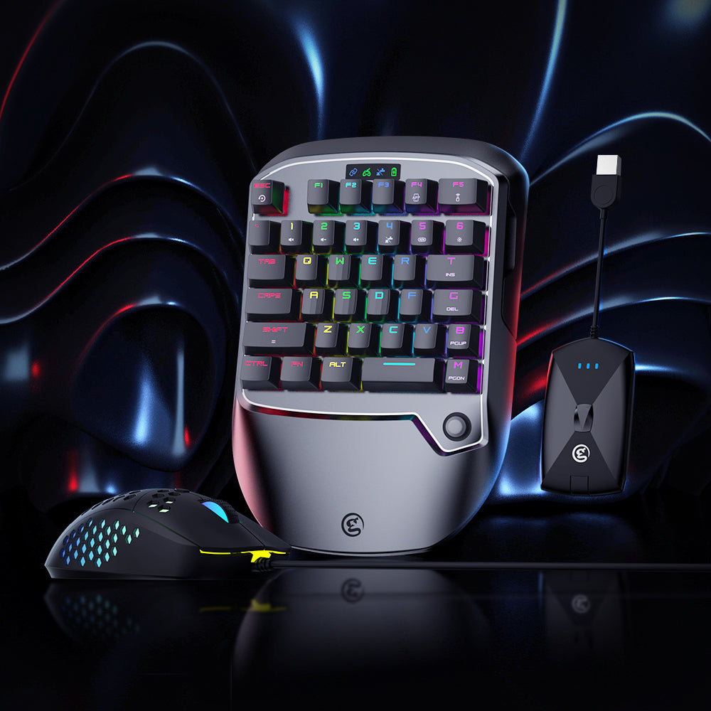 Gaming keyboard and mouse set with RGB lighting on a dark background