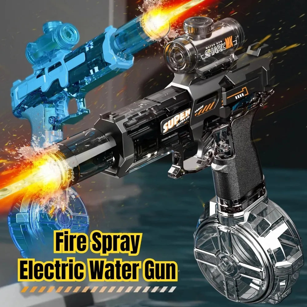 Toy water gun with fire spray effect on a dark background