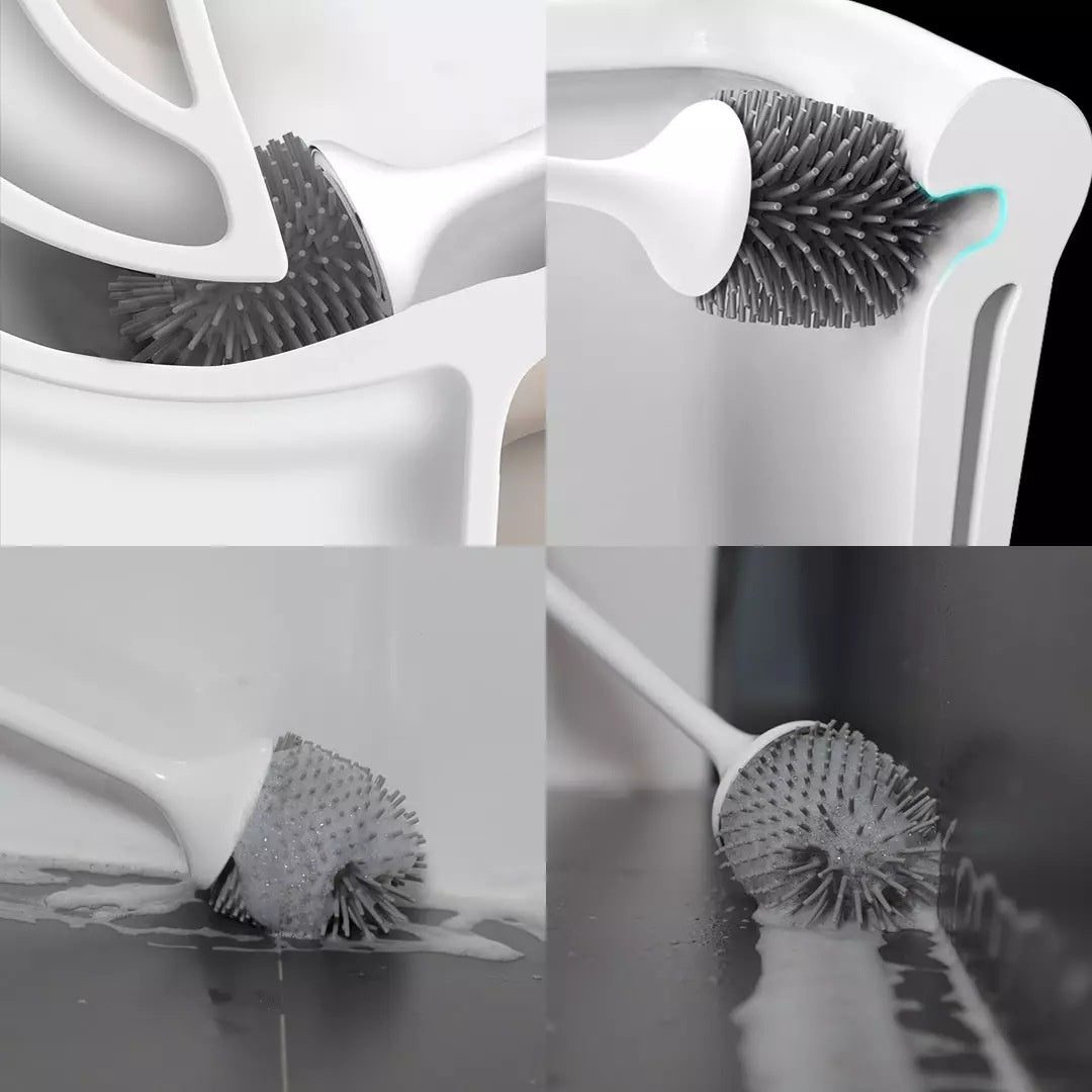 Collage of a white cleaning brush with bristles on a black background