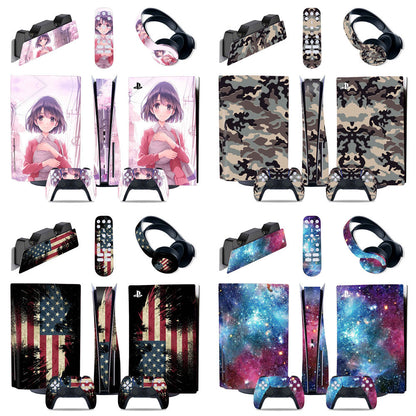 Collection of gaming console skins with various designs including anime characters, camouflage patterns, and American flags.