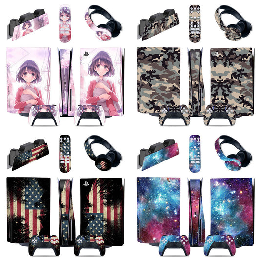 Collection of gaming console skins with various designs including anime characters, camouflage patterns, and American flags.