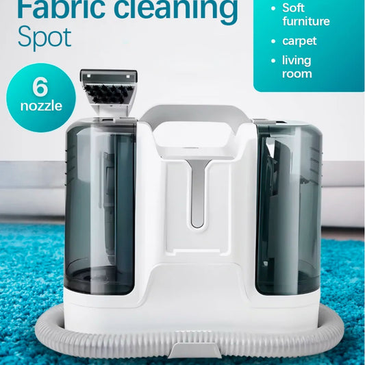 Fabric cleaning spot device with multiple nozzles on a blue carpet.