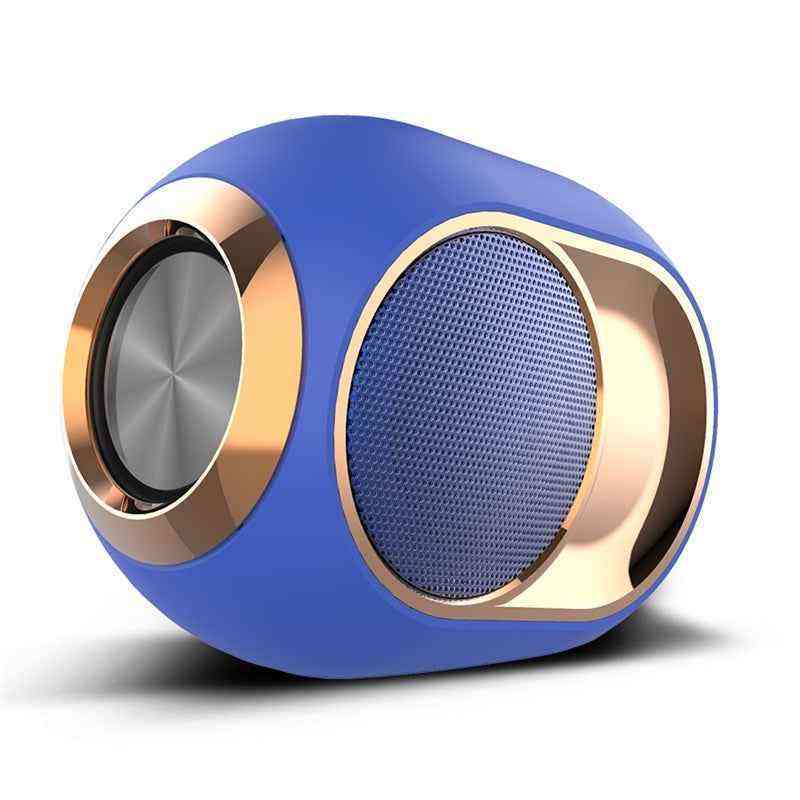 Blue and gold portable speaker on a white background