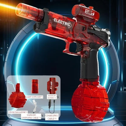 Red electric toy gun with accessories on a futuristic background