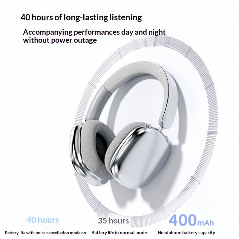Silver headphones with battery life information on a white background