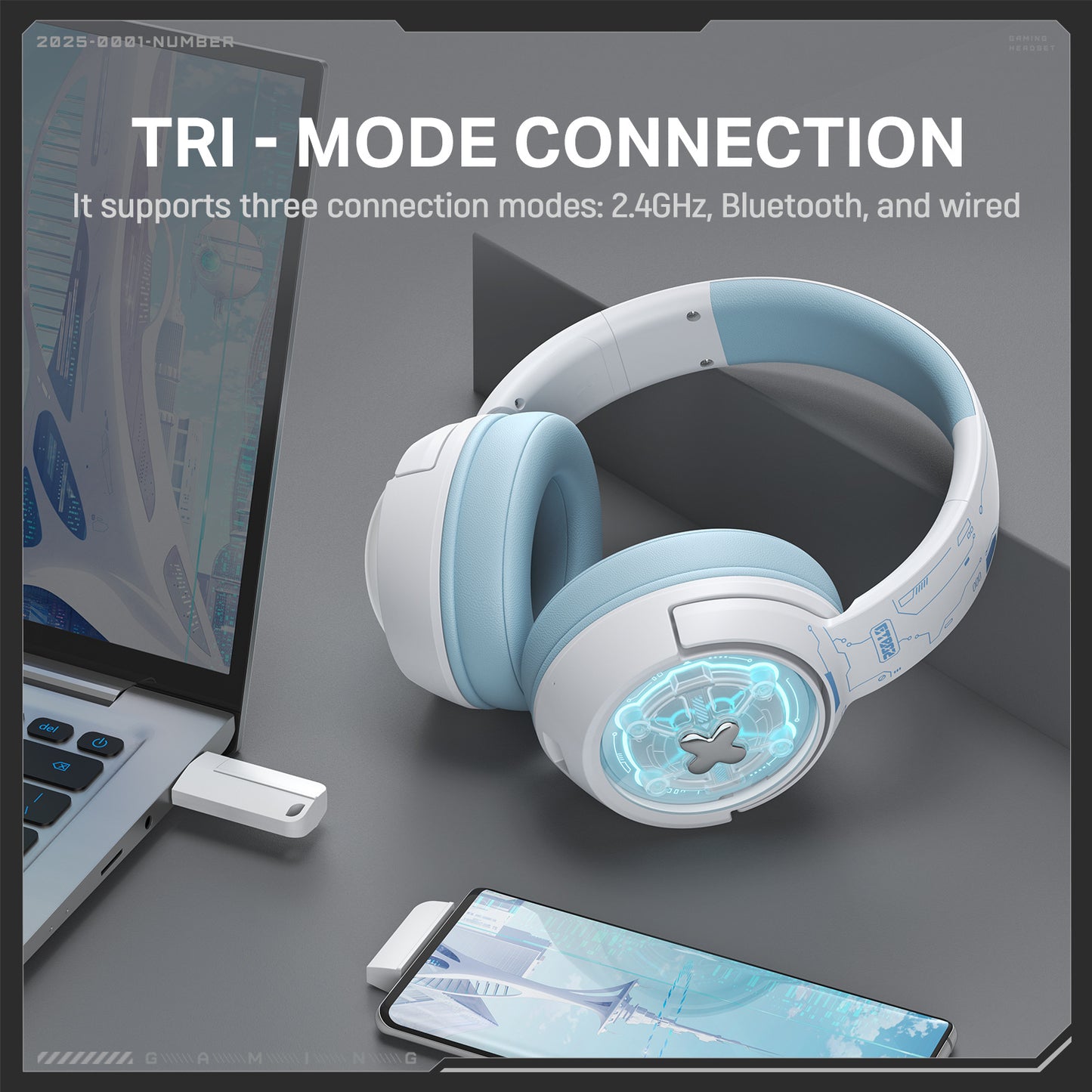 White and blue headphones with a laptop and smartphone on a gray surface, highlighting tri-mode connection.