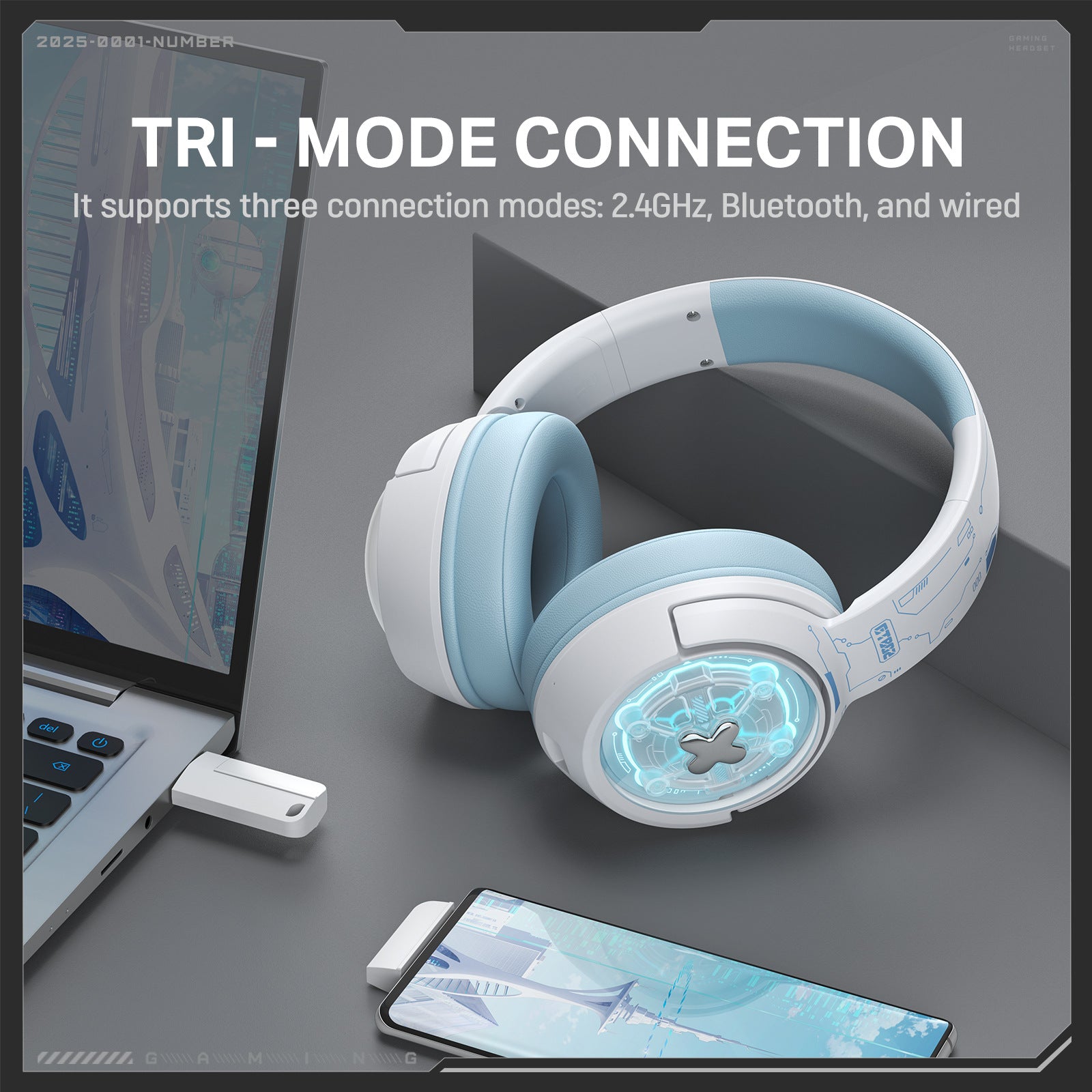 White and blue headphones with a laptop and smartphone on a gray surface, highlighting tri-mode connection.