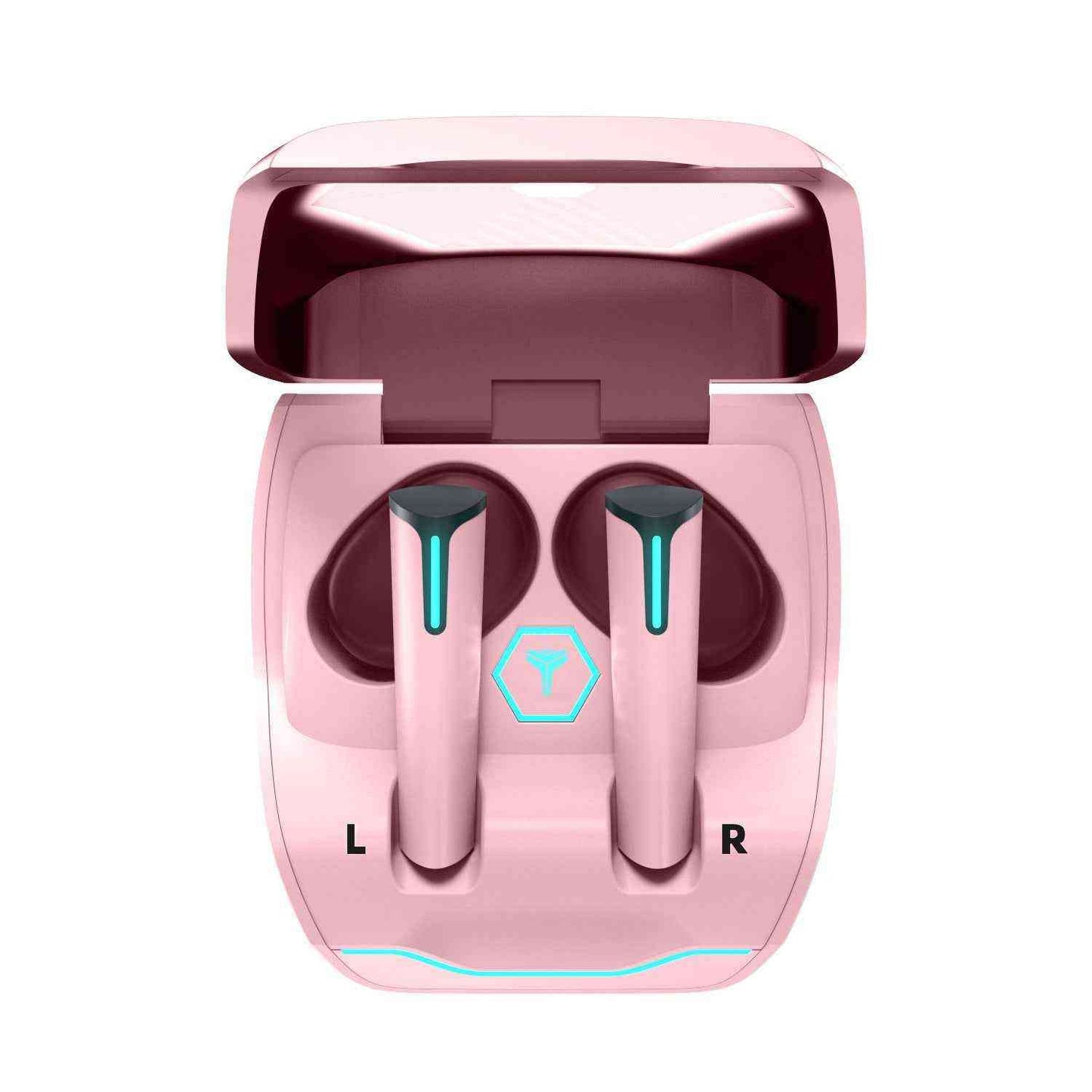 Pink wireless earbuds with charging case on a white background