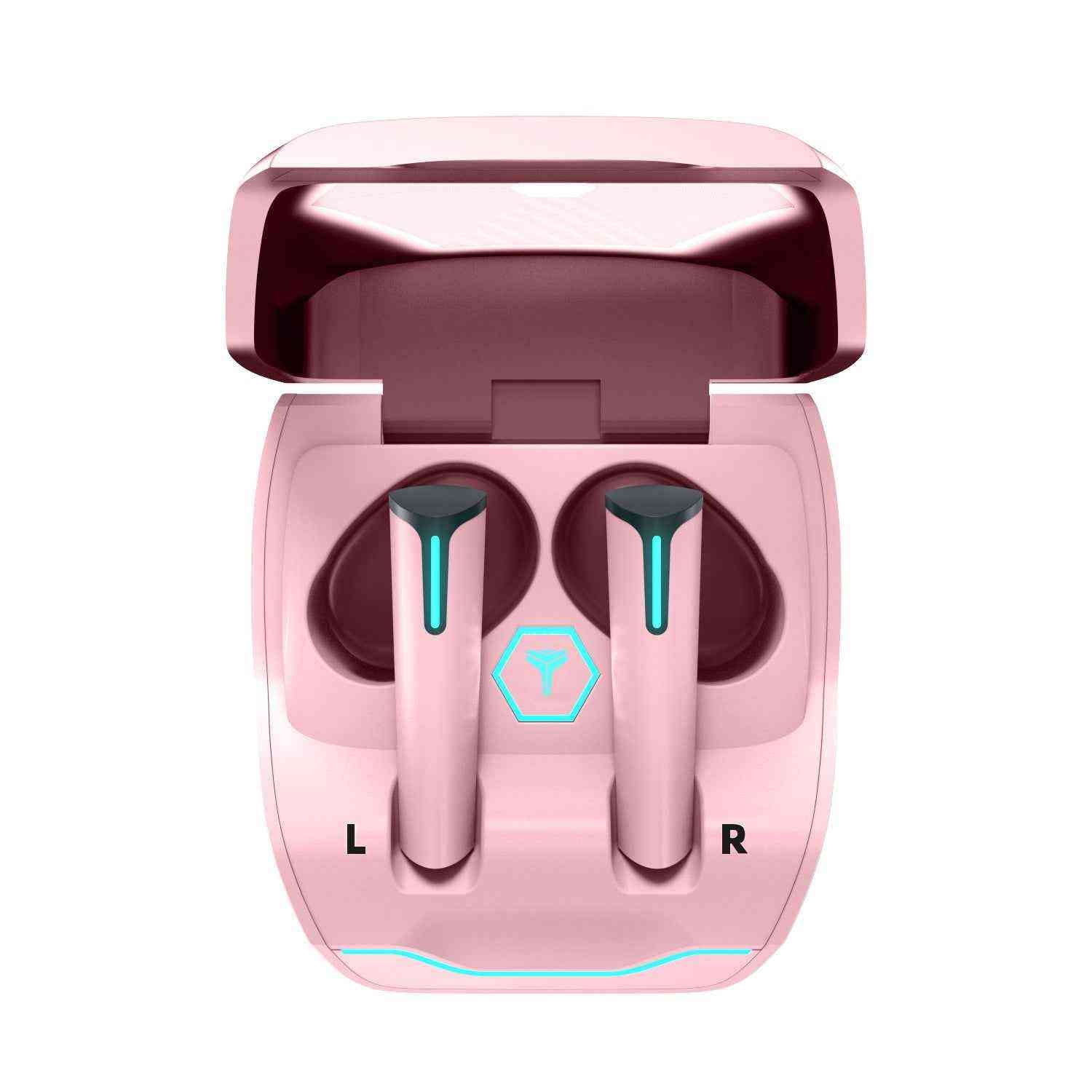 Pink wireless earbuds with charging case on a white background