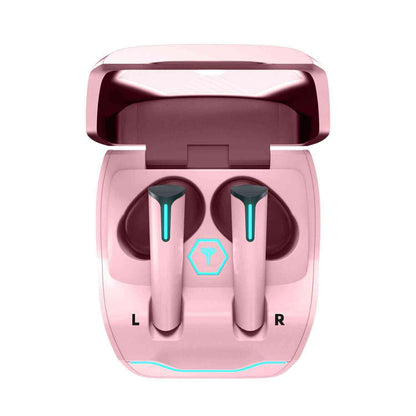 Pink wireless earbuds with charging case on a white background
