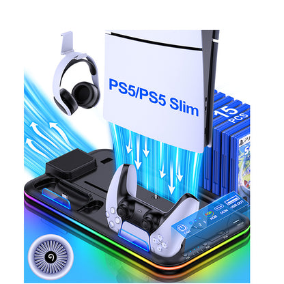 Gaming console with accessories including a headset, controller, and games on a colorful background.