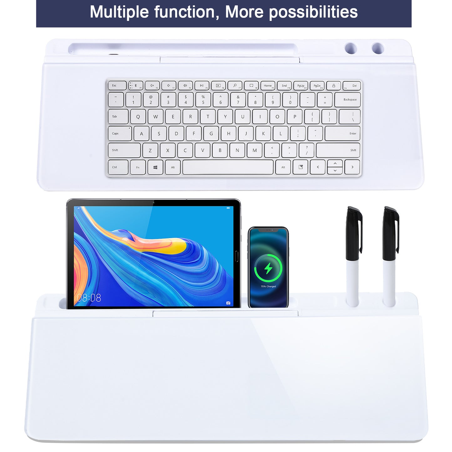 White keyboard and desk setup with tablet, phone, and pens on a white background