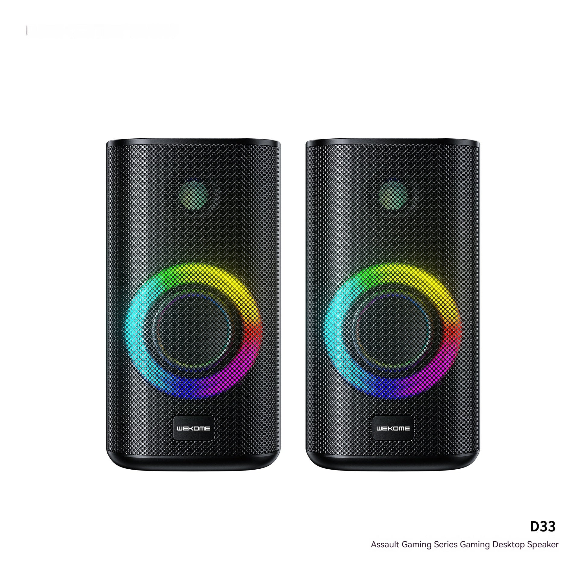 Pair of black gaming desktop speakers with RGB lighting on a white background