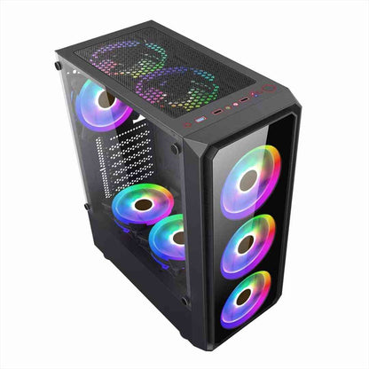 Computer gaming case with RGB lighting on a white background