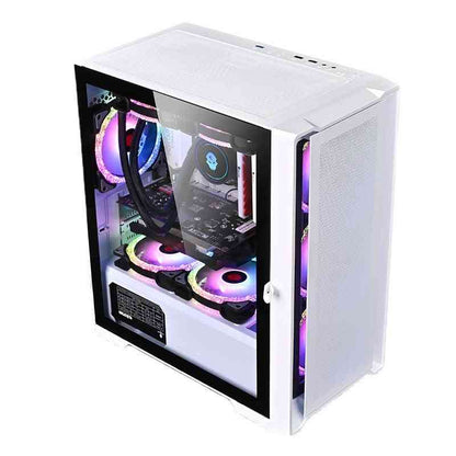 White computer case with RGB lighting on a white background