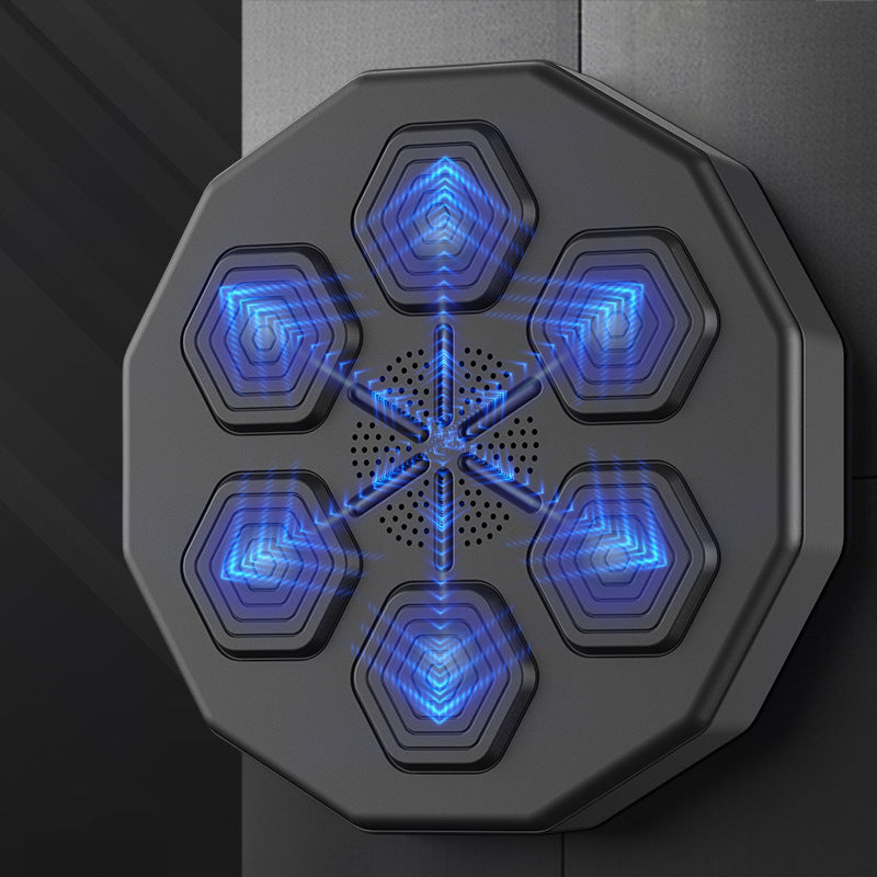 Hexagonal device with blue glowing patterns on a dark background