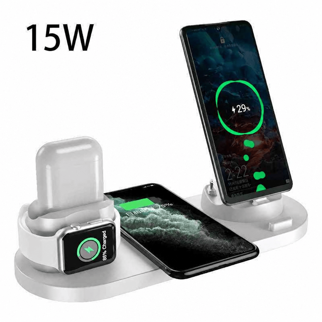 A white 15W wireless charging dock shown with two smartphones and an Apple Watch in charging positions on a plain white background. The Apple Watch is visible with its band removed, and the phones display green battery charging graphics on their screens.