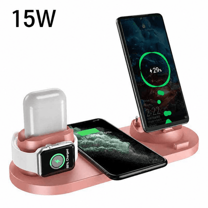 Multi-device wireless charging stand with smartphone, smartwatch, and airpods on a white background.