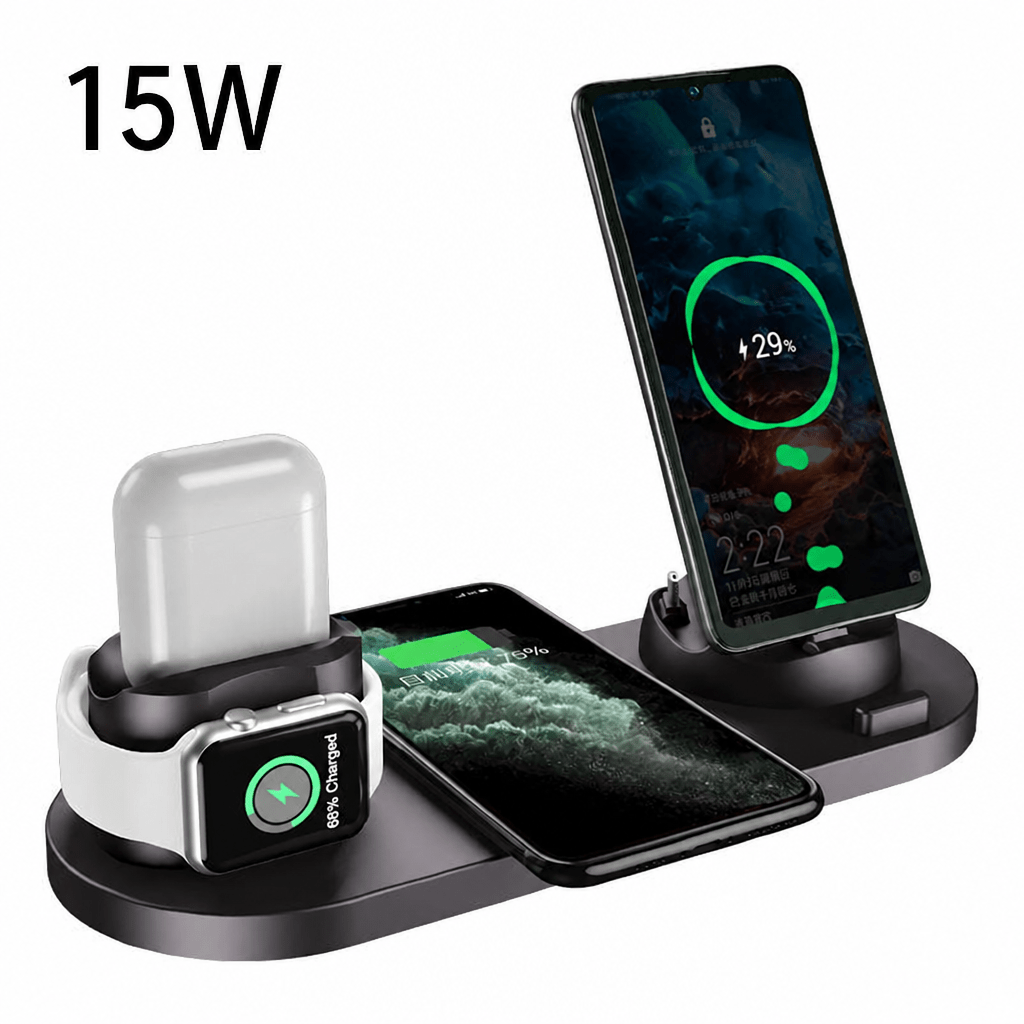 Multi-device wireless charging station with smartphone, smartwatch, and Apple Watch on a white background.