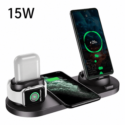 Multi-device wireless charging station with smartphone, smartwatch, and Apple Watch on a white background.