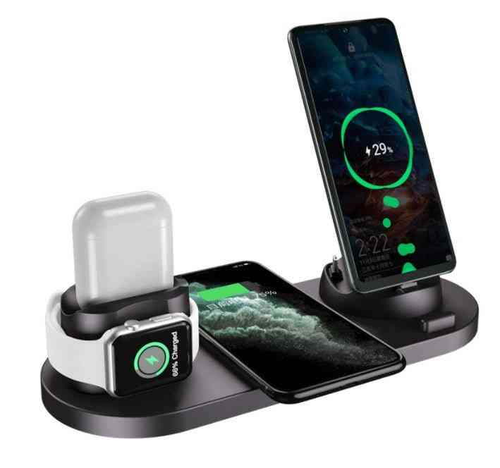 Multi-device charging station with smartphone, smartwatch, and AirPods on a white background