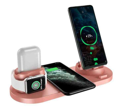 Multi-device charging stand with smartphone, Apple Watch, and AirPods on a white background