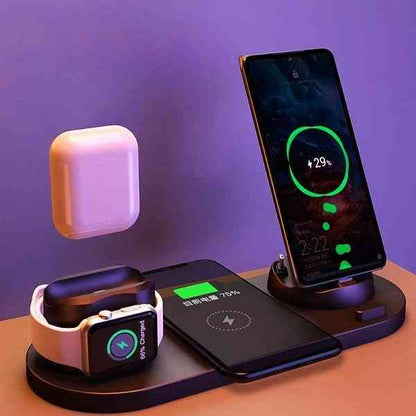 Multiple wireless chargers with devices on a purple background