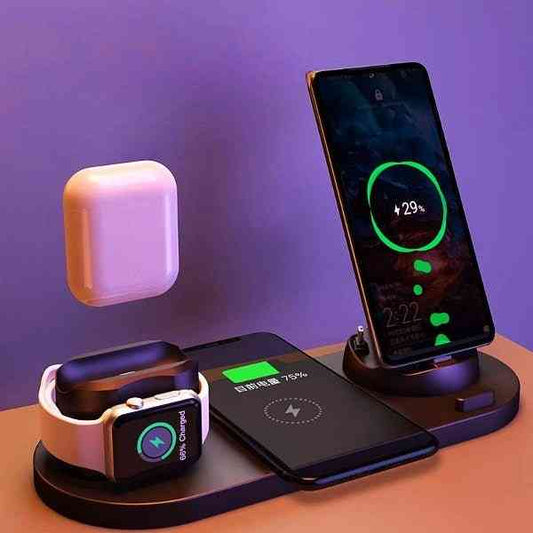 Multiple wireless chargers with devices on a purple background