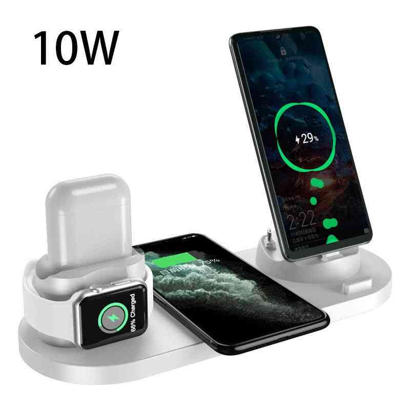 Multi-device charging station with smartphone, smartwatch, and AirPods on a white background.