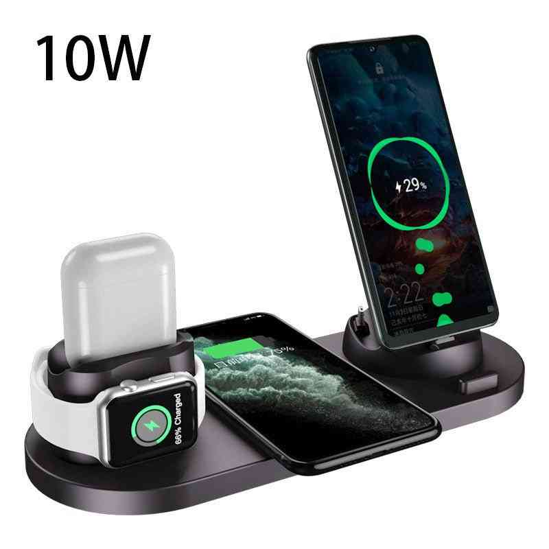 Multi-device wireless charging station with smartphone, smartwatch, and AirPods on a white background.