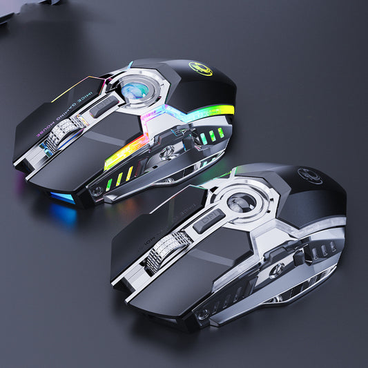 Two futuristic gaming mice with RGB lighting on a dark background