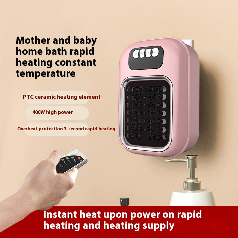 Pink wall-mounted electric heater with digital display and remote control on a beige background.