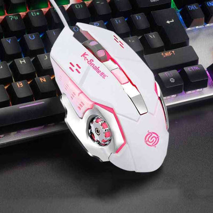 White gaming mouse with pink accents on a keyboard